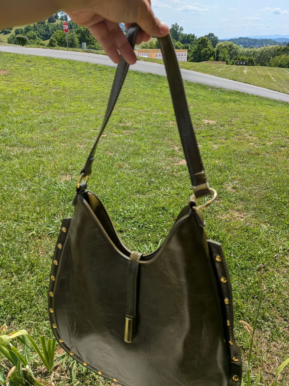 Vintage Olive Green Hobo Shoulder Bag - With Gold Turn Lock And Studs